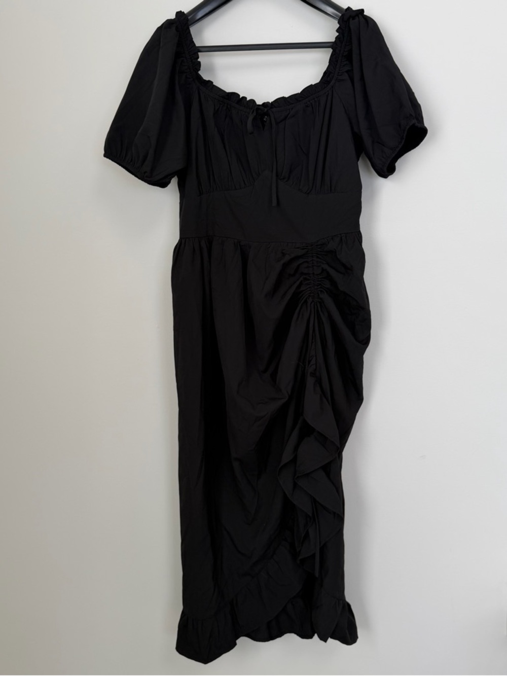 Scarlet Darkness Black Ruched Midi Dress Puff Sleeve Cottagecore Goth Size L